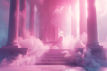 The throne of the goodness stands in the centre of the picture, Simple structure, without humans, dreamy, pink colour, 8K - obrazy, fototapety, plakaty
