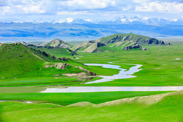 Curved river and green grassland natural landscape in Xinjiang, China. Beautiful grassland natural landscape in summer.