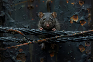 A close-up of a rat balancing on a maze of electrical wires, showcasing its adaptability to the urban jungle..