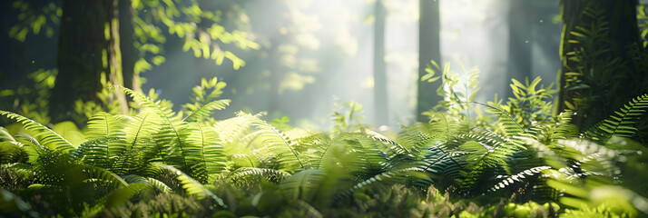 A serene image of a tranquil forest scene, with sunlight filtering through the trees onto a carpet of fresh, green ferns, evoking a sense of renewal and vitality - obrazy, fototapety, plakaty