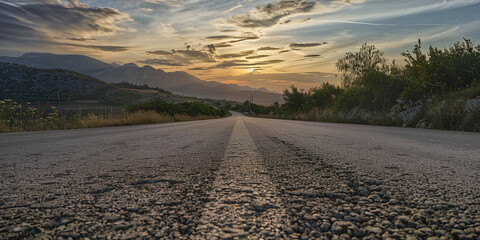 an empty road in the middle of a mountain range with a mountain range in the back ground and trees on either side of the road at sunset. - obrazy, fototapety, plakaty