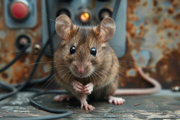A close-up of a rat balancing on a maze of electrical wires, showcasing its adaptability to the urban jungle..