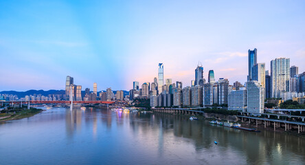 Panoramic view of city skyline and modern buildings in Chongqing at dusk. Famous city landmarks in China.