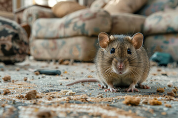 Brown Rat on a Messy Indoor Floor. - obrazy, fototapety, plakaty