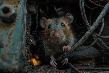 A close-up of a rat balancing on a maze of electrical wires, showcasing its adaptability to the urban jungle..