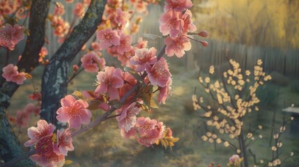 Blossoms of pink peach tree in the backyard