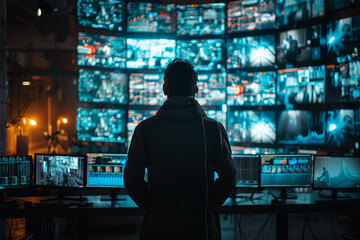 Back view of an individual overseeing an array of surveillance screens, reflecting the sophisticated technology used in modern security operations..