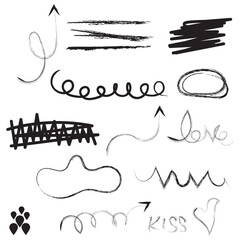 Chalk color pencil texture brush dot stroke vector element. Children crayon color brush stroke texture arrow, circle, underline shape. Hand drawn childish chalk pencil scribble. Vector illustration