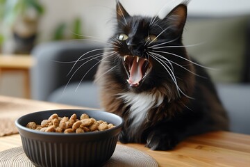 Black Cat Yawns Beside Cat Food Bowl. Generative AI