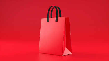 A red shopping bag with a black handle sits on a red background. bag is the main focus of the image, and it is a shopping bag for a store. 3d miniature minimalist shopping bag icon in a red background