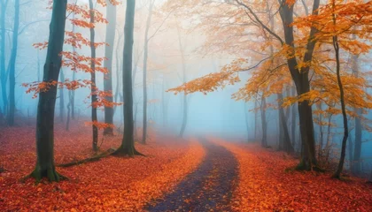 Fototapeten Beautiful mystical forest in blue fog in autumn. Colorful landscape with enchanted trees with orange and red leaves. Scenery with path in dreamy foggy forest. Fall Nature background © SANTANU PATRA