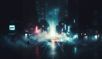A dark and foggy street scene with a car driving towards the viewer. There are buildings on either...