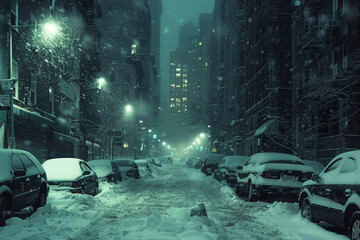 A serene evening cityscape as snow blankets parked cars and dim streetlights glow through a soft winter haze.
