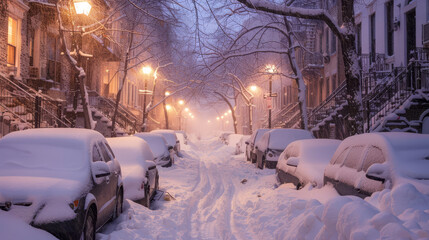 A serene evening cityscape as snow blankets parked cars and dim streetlights glow through a soft winter haze.