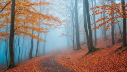 Beautiful mystical forest in blue fog in autumn. Colorful landscape with enchanted trees with orange and red leaves. Scenery with path in dreamy foggy forest. Fall Nature background