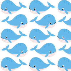 Whale in flat style. Pattern with a cute blue whale. Undersea world. Pattern for textile, wrapping paper, background.