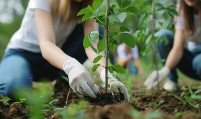 Volunteers plant trees together as part of an environmental campaign, generated ai