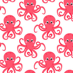 Octopus in flat style. Pattern with cute octopus. Undersea world. Seamless pattern for textile, wrapping paper, background.