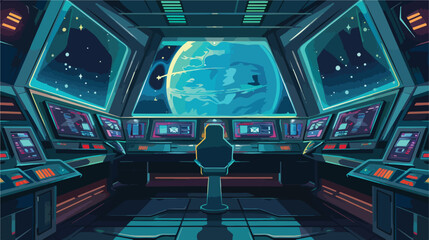 Interstellar spaceship main bridge interior big window - obrazy, fototapety, plakaty