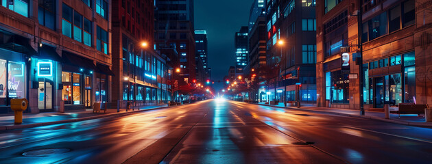 Empty urban street at night with lights, beautiful city, panoramic view, generated ai