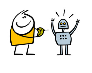 Little boy holds  remote control and controls a funny robot. Vector illustration of an unusual modern toy and new technologies.  Child  game. Isolated cartoon character on white background.