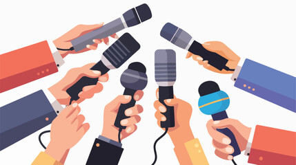 Interview news microphones and voice recorder in hand
