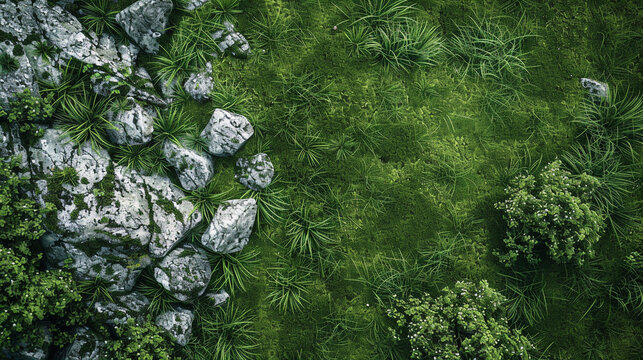 Behold a captivating top view of a harmonious blend of grass and stones, captured by an HD camera. The combination creates a visually stunning landscape, with intricate details and textures.