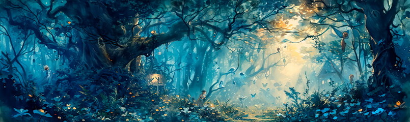 magical watercolor landscape of a fairy-tale night, a forest clearing flooded with moonlight - obrazy, fototapety, plakaty