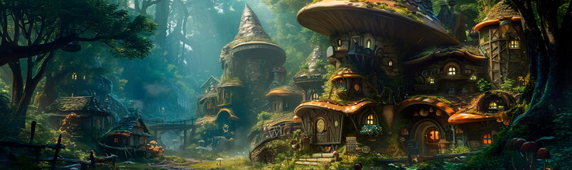 background depicting a charming village of mushroom houses,