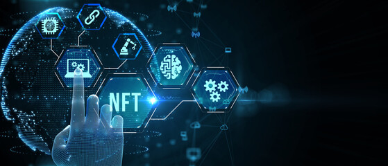 NFT Non-fungible token digital crypto on virtual screen. 3d illustration