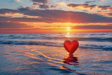 Fototapeta premium A small red heart placed gently on a sandy beach, creating a romantic backdrop with soft waves in the distance and a serene, peaceful setting that evokes love and tranquility.