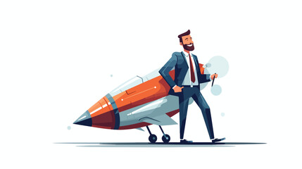 Businessman with rocket on his background ready to take off