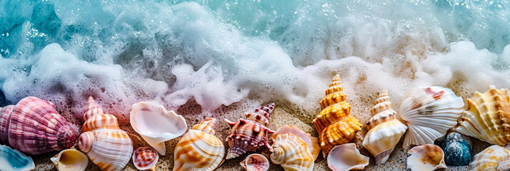 watercolor background depicting a fairytale beach with colorful seashells