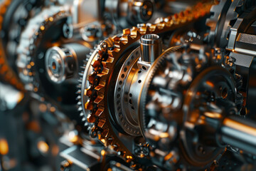 Fototapeta premium Detailed view of interconnected gears and machinery parts, illustrating industrial complexity and mechanical engineering..