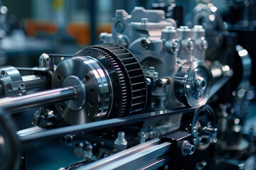 Fototapeta premium Detailed view of interconnected gears and machinery parts, illustrating industrial complexity and mechanical engineering..
