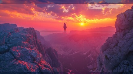 A dramatic sunset backdrop as a tightrope walker balances between rocky peaks, embodying the solitude of leadership
