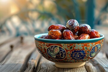 A beautifully crafted bowl showcasing a collection of fresh dates, resting on a wooden table with a subtly blurred background - Powered by Adobe