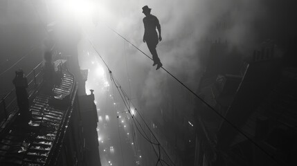 A silhouetted person maintains balance on a tightrope in a noir, fog-filled urban nightscape, evoking a sense of suspense and drama, illustrating the clarity required in financial planning - obrazy, fototapety, plakaty