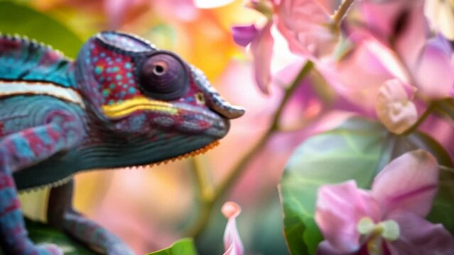 Amidst a colorful array of plants, a chameleon with vibrant blue and green patterns perches, blending into the surrounding leaves and flowers by altering its skin color. 