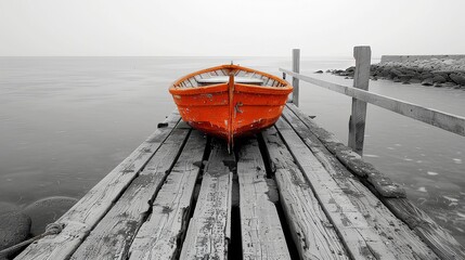 An orange boat sits on a dock extending into a gray sea on a foggy day.