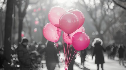 Pink balloons in black and white background