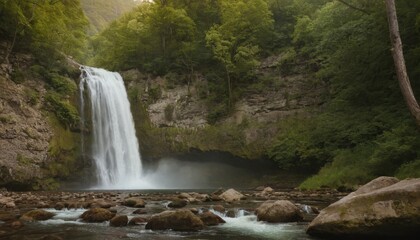Obraz premium Beautiful waterfall amid the mountains' ancient summer woodland