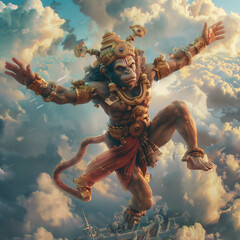 Hanuman, the Hindu deity, leaps across the sky with divine grace and power