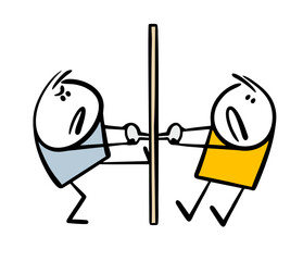 Two people pull the door handle from different sides and cannot open it. Vector illustration of misunderstanding in communication, psychological difficulties. Isolated persons on white backdrop.