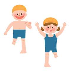 水着ではしゃぐ子供たちのイラスト