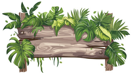 Jungle rainforest wood sign with tropical leaves 
