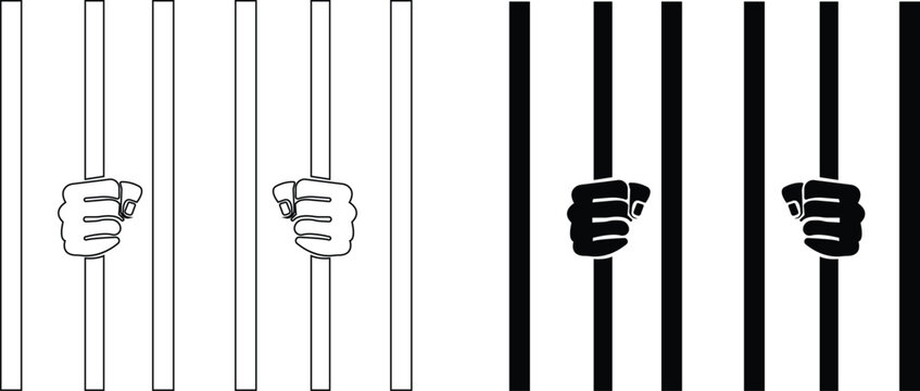 closeup of hand in jail, hands on transparent background, a prisoner behind bars, trapped Close up old legal fear young adult lone sad male guy burglar guilt slave ask pray god help hope text space.