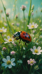 Image of beetles among flowers and grass, macro photo 12