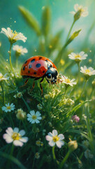 Image of beetles among flowers and grass, macro photo 9