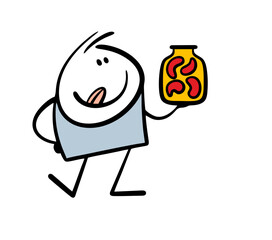 Satisfied stickman holds a jar of compote or canned peppers and licks his lips anticipating a delicious lunch. Vector illustration of a boy eating food. Isolated cartoon character on white bac - 786905542